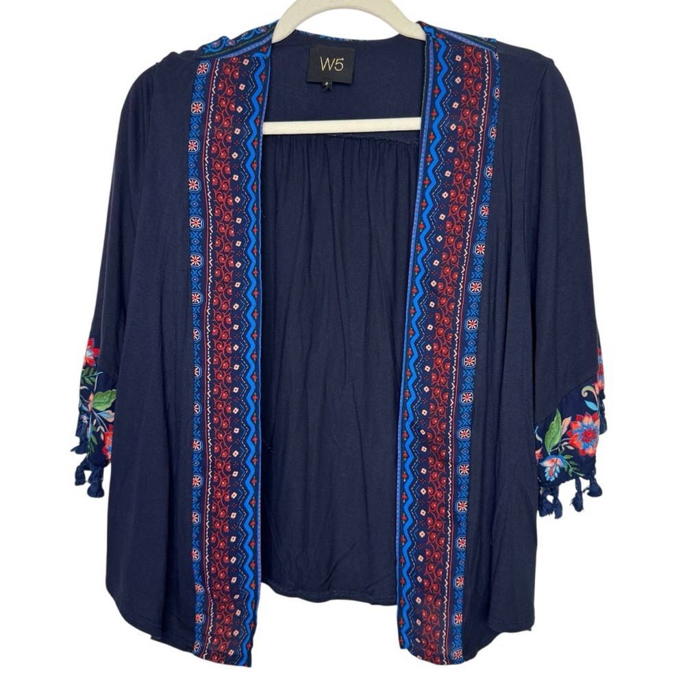 Anthropologie Cropped Kimono Top W5 Blue Floral Tassels Bohemian Size S